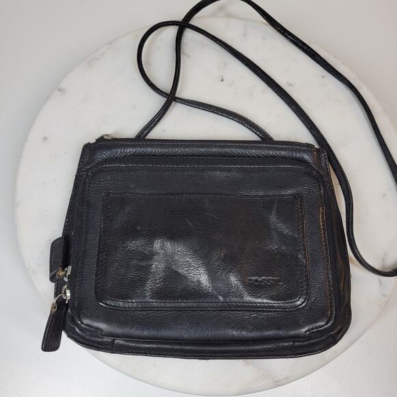VTG Fossil Black Pebbled Leather‎ Purse 9"x7" Black Pockets Card Slots Crossbody - Picture 1 of 15